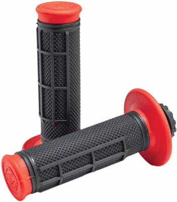 Shop [Product Title] at Mad Lads Moto: ProTaper Pro Series Clamp-On 1/2 Waffle Red and Black Hand Grips, featuring a black grip with red accents and a waffle pattern, designed for comfort and performance with a convenient clamp-on design for secure setup.