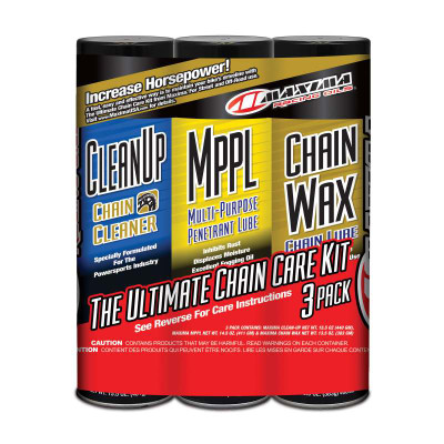 Maxima Ultimate Chain Care Combo Kit 70-749203 showing full size three can assortment box including Clean-Up MPPL and Parafilm Chain Wax aerosols
