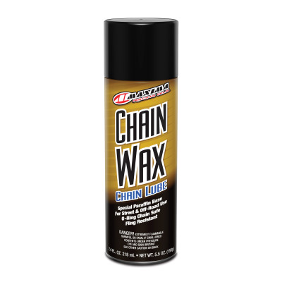 Maxima Chain Wax chain lube 5.5oz aerosol travel can 74908 black can with yellow and orange graphics showing spray nozzle straw