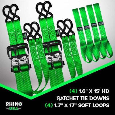 Rhino USA Heavy Duty Ratchet Tie-Down 4-Pack - 1.6 inch x 15 feet, Green