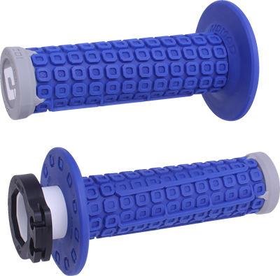 ODI Nomad Lock-On v2.1 blue and gray grips with D3O vibration damping material and gray aluminum clamps