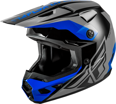 FLY Racing Kinetic Crest Helmet Grey/Black/Blue X-Small — Lightweight Off-Road Motorcycle Helmet with Advanced Ventilation and Safety Features