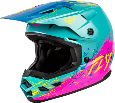 Fly Racing Youth Kinetic Drip Helmet Turquoise, Pink & Yellow – Lightweight Off-Road Motorcycle Helmet