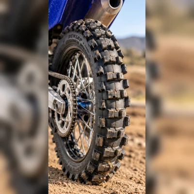 Dunlop Geomax MX34-style rear motocross tire mounted on a dirt bike with spoked wheel and chain