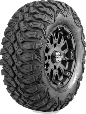 A high-resolution studio product photograph of a QuadBoss QBT846 Radial Utility UTV tire in size 28x10R14, set against a clean white background. Displayed at a front-three-quarter angle, the heavy-duty radial all-terrain utility tire features an aggressive, non-directional tread pattern with deep lugs designed for smooth ride performance and optimal traction across hardpack, mud, and trail terrain. Constructed with a durable 8-ply rated radial carcass, the black rubber casing displays crisp embossed sidewall text including "QUADBOSS", "QBT846", and "28x10R14".