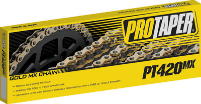 ProTaper 420MX Gold Series non-sealed drive chain with 134 links for mini motocross and pit bikes including KTM 65/85 SX, Yamaha YZ85, and Kawasaki KX65.