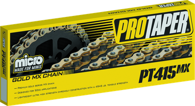 Wide profile photo of a gold ProTaper PT415MX non-O-ring drive chain uncoiled, displaying 120 links and the included clip master link on a clean white background.