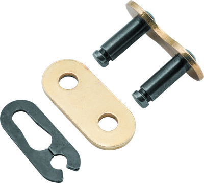 Close-up of a gold ProTaper PT415MX clip-style non-O-ring chain master link showing side plates, pins, and retaining clip on a white background.