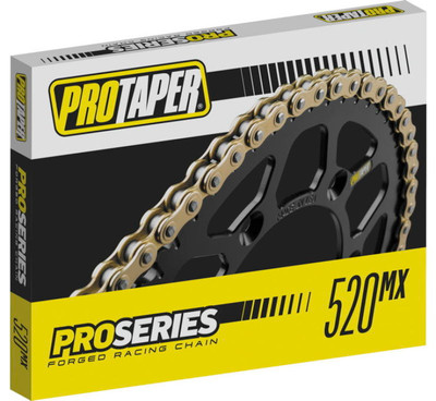 Front view of the ProTaper Pro Series Forged 520 Racing Chain retail box highlighting the gold-plated links and unsealed roller construction on a plain white backdrop.