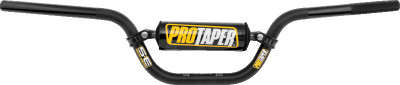 Front view of the anodized black ProTaper SE KLX/DRZ110 handlebar featuring a cold-forged crossbar, black bar pad with white lettering, and pre-fit end plugs on a white background.