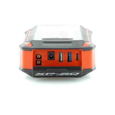 Antigravity Micro-Start XP-20 portable jump starter power bank package showing the compact lithium battery unit with its digital display screen, attached heavy-duty smart clamps, and charging cables arranged inside its protective zipper carrying case against a clean white background.