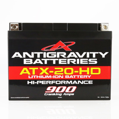 Antigravity Extreme Power Series ATX20-HD lithium-ion heavy duty starter battery built inside a durable black YTX20 OEM case format, highlighting its unique top-mounted 4-terminal block setup configuration, photographed against a seamless white studio setting.