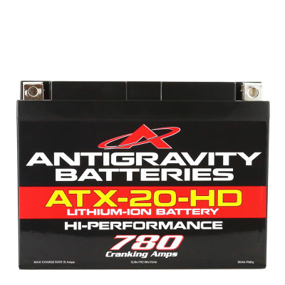 Antigravity Extreme Power Series ATX20-HD lithium-ion heavy duty starter battery built inside a durable black YTX20 OEM case format, highlighting its unique top-mounted 4-terminal block setup configuration, photographed against a seamless white studio setting.
