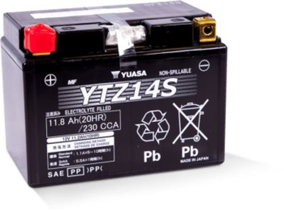 Yuasa YTZ14S YUAM72Z14 factory activated maintenance-free heavy duty AGM battery showing its compact black poly-propylene casing with a solid black top layout, featuring molded copper-alloy terminal inserts with left-side negative and right-side positive orientation, isolated against a solid white studio background.