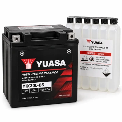Yuasa YIX30L-BS 12V AGM motorcycle battery with electrolyte bottle pack