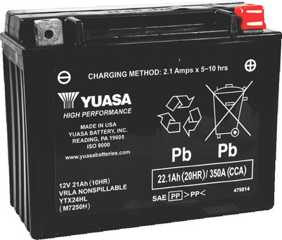 Yuasa YTX24HL YUAM7250H high-performance maintenance-free AGM 12-volt battery showing heavy-duty black casing and top terminal terminals isolated against a solid white studio background.