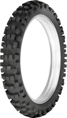 A professional studio product photograph of the Dunlop D952 rear off-road motorcycle tire in 120/90-19 sizing, isolated against a seamless, solid white background. The tire is standing upright at a three-quarter angle to highlight its heavy-duty intermediate-terrain tread pattern. The aggressive design features widely spaced, square-shaped center tread blocks designed for maximum drive traction and durability, paired with sturdy shoulder lugs for stability during hard cornering and clean, raised sidewall lettering on its matte black rubber casing.