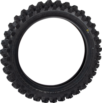 A high-resolution studio product photograph of the Dunlop Geomax MX14 rear off-road motorcycle tire in 90/100-16 sizing, isolated against a seamless, solid white background. The tire is shown standing vertically at a three-quarter angle to highlight its specialized sand and mud scoop tread pattern. Tall, V-shaped paddle knobs run down the center for maximum drive traction in loose terrain, flanked by aggressive, staggered shoulder lugs, with embossed "GEOMAX MX14" branding clearly visible on the matte black sidewall.
