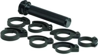 A high-resolution studio product photograph of the ProTaper Micro Throttle Tube Kit, displayed against a clean white background. Arranged in a flat-lay kit layout, the package features a precision CNC-machined two-piece aluminum throttle tube specifically scaled down to fit the reduced-diameter grip section of ProTaper Micro Handlebars. The assembly includes seven interchangeable snap-on throttle cams designed to accommodate virtually all 2-stroke mini off-road motorcycles 85cc and under, along with durable mounting hardware engineered to give youth riders superior throttle modulation, enhanced control, and reduced hand fatigue.