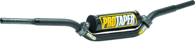A high-resolution studio product photograph of the ProTaper Micro Schoolboy High Handlebar in a black finish, set against a clean white background. Displayed from a front-facing studio angle, the handlebar is precision-manufactured from high-strength 2000-series T6 aluminum alloy with a cold-forged crossbar. Specifically tailored for taller or advancing youth riders on mini motorcycles requiring increased vertical rise, it features ProTaper's specialized abrupt-taper design with reduced-diameter grip ends to allow smaller hands a secure, full-hand grip for improved control, while maintaining a standard 7/8-inch clamp and control clamping area. The assembly includes knurled clutch-side tubing to prevent grip slippage, laser-etched alignment grid markings for precise angle adjustment, and a high-density crossbar pad with signature ProTaper branding.