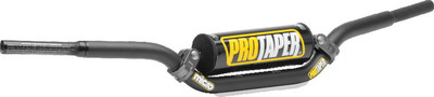 A high-resolution studio product photograph of the ProTaper Micro Schoolboy Low Handlebar, set against a clean white background. Displayed from a front-facing studio angle, the handlebar is precision-manufactured from high-strength 2000-series T6 aluminum alloy with a cold-forged crossbar. Specifically tailored for youth riders transition-sizing on 50cc to 85cc mini motorcycles, it features ProTaper's specialized abrupt-taper design with reduced-diameter grip ends to comfortably accommodate smaller hands, while maintaining a standard 7/8-inch clamping area. The assembly includes knurled clutch-side tubing to prevent grip rotation, laser-etched alignment grid markings, and a high-density crossbar pad with signature ProTaper branding.