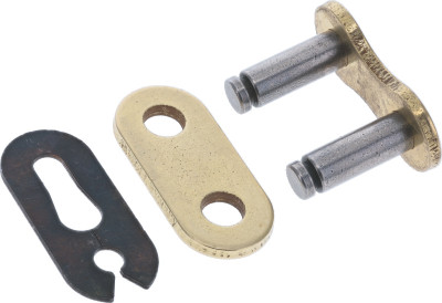 A high-resolution studio product photograph of a ProTaper 520MX1 Gold Series Master Link, set against a clean white background. Displayed at a crisp, eye-level three-quarter angle, the clip-style master link features side plates plated in a high-gloss gold finish with subtle "520MX1" and "PROTAPER" engravings. The precision-machined steel link pins, black clip retainer, and inner plate components are neatly arranged alongside the outer plate, showcasing its lightweight, high-strength chromoly construction designed for high-performance motocross applications.