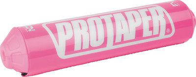 A high-resolution studio product photograph of a ProTaper Fuzion Bar Pad in Race Pink, set against a clean white background. Displayed at a front-three-quarter angle, the cylindrical high-density molded foam pad features a glossy bright pink vinyl cover, bold black "PROTAPER" block logo graphics printed across the front, sleek black molded end caps, and subtle black "FUZION" branding on the side, designed specifically for ProTaper Fuzion crossbar handlebars.