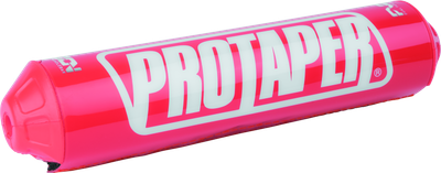 A high-resolution studio product photograph of a ProTaper Fuzion Bar Pad in Race Red, set against a clean white background. Displayed at a front-three-quarter angle, the cylindrical high-density molded foam pad features a glossy vibrant red vinyl cover, bold white "PROTAPER" block logo graphics printed across the front, sleek black molded end caps, and subtle white "FUZION" branding on the side, designed specifically for ProTaper Fuzion crossbar handlebars.