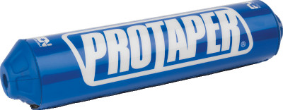 A high-resolution studio product photograph of a ProTaper Fuzion Bar Pad in Race Blue, set against a clean white background. Displayed at a front-three-quarter angle, the cylindrical high-density molded foam pad features a glossy vibrant blue vinyl cover, bold white "PROTAPER" block logo graphics printed across the front, blue molded end caps, and subtle white "FUZION" branding on the side, designed specifically for ProTaper Fuzion crossbar handlebars.
