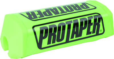 A high-resolution studio product photograph of a ProTaper 2.0 Square Bar Pad in Race Green, set against a clean white background. Displayed at a front-three-quarter angle, the high-density molded closed-cell foam pad features a vibrant bright green vinyl cover, bold white block "PROTAPER" logo graphics printed across the front, and a streamlined square profile with cutouts designed specifically for oversized 1-1/8" un-braced handlebars