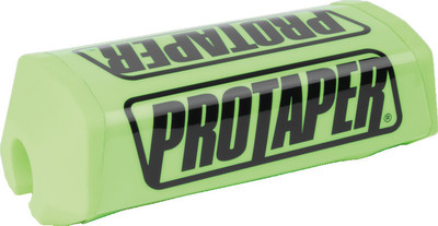 A high-resolution studio product photograph of a ProTaper 2.0 Square Bar Pad in Race Green, set against a clean white background. Displayed at a front-three-quarter angle, the high-density molded closed-cell foam pad features a vibrant bright green vinyl cover, bold white block "PROTAPER" logo graphics printed across the front, and a streamlined square profile with cutouts designed specifically for oversized 1-1/8" un-braced handlebars