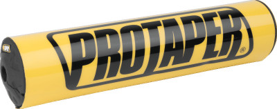 A high-resolution studio product photograph of a ProTaper Molded 8-inch Round Bar Pad in Race Yellow, set against a clean white background. Displayed at a front-three-quarter angle, the cylindrical high-density molded foam handlebar pad features a glossy bright yellow vinyl cover, bold black "PROTAPER" block logo graphics printed across the front, and black molded end caps designed to fit traditional crossbar-equipped handlebars.