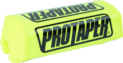 A high-resolution studio product photograph of a ProTaper 2.0 Square Bar Pad in Hi-Viz Yellow, set against a clean white background. Displayed at a front-three-quarter angle, the high-density molded closed-cell foam pad features a vibrant neon yellow vinyl cover, bold black "PROTAPER" block logo graphics printed on the front, and a streamlined square profile with cutouts designed specifically for oversized 1-1/8" un-braced handlebars.
