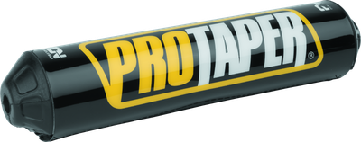 A high-resolution studio product photograph of a ProTaper Fuzion Bar Pad in Black, set against a clean white background. Displayed at a front-three-quarter angle, the cylindrical high-density molded foam pad features a sleek black vinyl cover, bold yellow and white "PROTAPER" block logo graphics printed across the front, subtle white "FUZION" branding on the side, and durable black molded end caps designed specifically for ProTaper Fuzion crossbar handlebars.