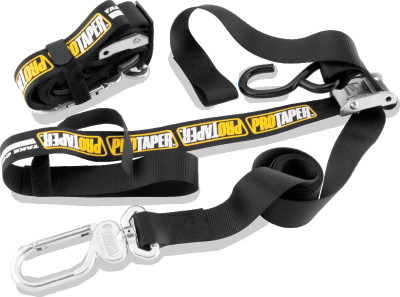 Pair of ProTaper 1-1/2 in. black tie-downs with carabiner hooks, laid out