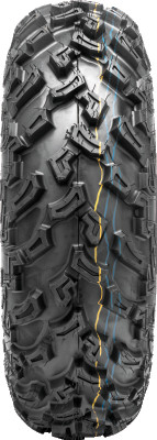A high-resolution studio product photograph of a QuadBoss QBT447 Utility ATV/UTV tire in size 24x8-12, set against a clean white background. Displayed at a front-three-quarter angle, the heavy-duty front all-terrain utility tire features a non-directional tread design with multi-angled lugs that provide excellent traction on hardpack, mud, and loose trail surfaces. Constructed with a durable 6-ply rated bias carcass, the black rubber casing displays crisp embossed sidewall text including "QUADBOSS", "QBT447", and "24x8-12".