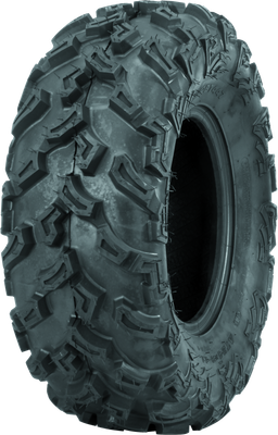 A high-resolution studio product photograph of a QuadBoss QBT447 Utility ATV tire in size 24x9-11, set against a clean white background. Displayed at a front-three-quarter angle, the heavy-duty all-terrain utility tire features a non-directional tread design with multi-angled lugs that provide excellent traction on hardpack, mud, and loose trail surfaces. Constructed with a durable 6-ply rated bias carcass, the black rubber casing displays crisp embossed sidewall text including "QUADBOSS", "QBT447", and "24x9-11".