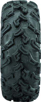A high-resolution studio product photograph of a QuadBoss QBT447 Utility ATV tire in size 24x9-11, set against a clean white background. Displayed at a front-three-quarter angle, the heavy-duty all-terrain utility tire features a non-directional tread design with multi-angled lugs that provide excellent traction on hardpack, mud, and loose trail surfaces. Constructed with a durable 6-ply rated bias carcass, the black rubber casing displays crisp embossed sidewall text including "QUADBOSS", "QBT447", and "24x9-11".