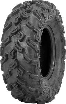 A high-resolution studio product photograph of a QuadBoss QBT447 Utility ATV tire in size 24x9-11, set against a clean white background. Displayed at a front-three-quarter angle, the heavy-duty all-terrain utility tire features a non-directional tread design with multi-angled lugs that provide excellent traction on hardpack, mud, and loose trail surfaces. Constructed with a durable 6-ply rated bias carcass, the black rubber casing displays crisp embossed sidewall text including "QUADBOSS", "QBT447", and "24x9-11".