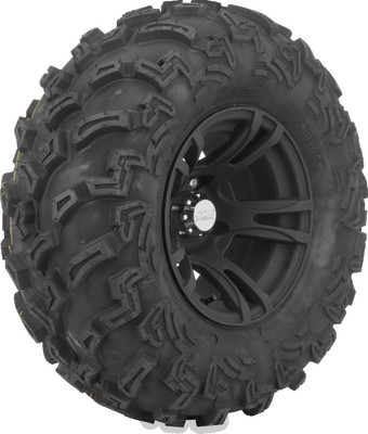 A high-resolution studio product photograph of a QuadBoss QBT447 Utility ATV/UTV tire in size 26x11-12, set against a clean white background. Displayed at a front-three-quarter angle, the heavy-duty rear all-terrain utility tire features a non-directional tread design with multi-angled lugs that provide excellent traction on hardpack, mud, and loose trail surfaces. Constructed with a durable 6-ply rated bias carcass, the black rubber casing displays crisp embossed sidewall text including "QUADBOSS", "QBT447", and "26x11-12".