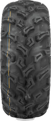 A high-resolution studio product photograph of a QuadBoss QBT447 Utility ATV/UTV tire in size 26x11-12, set against a clean white background. Displayed at a front-three-quarter angle, the heavy-duty rear all-terrain utility tire features a non-directional tread design with multi-angled lugs that provide excellent traction on hardpack, mud, and loose trail surfaces. Constructed with a durable 6-ply rated bias carcass, the black rubber casing displays crisp embossed sidewall text including "QUADBOSS", "QBT447", and "26x11-12".