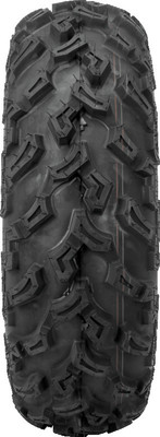 A high-resolution studio product photograph of a QuadBoss QBT447 Utility UTV tire in size 27x9-14, set against a clean white background. Displayed at a front-three-quarter angle, the heavy-duty all-terrain utility UTV tire features a non-directional tread design with multi-angled lugs that provide excellent traction on hardpack, mud, and loose trail surfaces. Constructed with a durable 6-ply rated bias carcass, the black rubber casing displays crisp embossed sidewall text including "QUADBOSS", "QBT447", and "27x9-14".