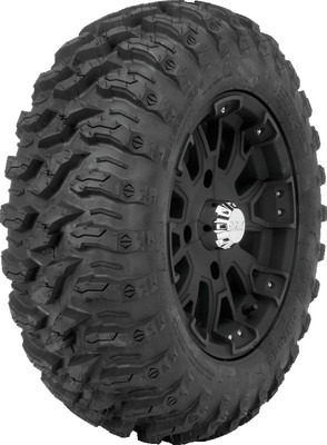 A high-resolution studio product photograph of a QuadBoss QBT446 Radial Utility UTV tire in size 26x9R14, set against a clean white background. Displayed at a front-three-quarter angle, the heavy-duty front radial all-terrain utility UTV tire features a non-directional, multi-surface tread design with tight center lugs for a smooth ride on hardpack and wrapped shoulder lugs for aggressive side-bite and cornering control. Constructed with an 8-ply rated radial carcass, the durable black rubber casing displays crisp embossed sidewall text including "QUADBOSS", "QBT446", and "26x9R14".