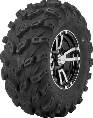 A high-resolution studio product photograph of a QuadBoss QBT672 Radial Mud ATV/UTV tire in size 27x11R12, set against a clean white background. Displayed at a front-three-quarter angle, the heavy-duty rear radial mud ATV/UTV tire features an aggressive directional V-tread pattern with deep center lugs, wide self-cleaning cleanout channels, and stepped sidewall tread elements for maximum mud traction and side-bite. Constructed with an 8-ply rated radial carcass, the durable black rubber casing displays crisp embossed sidewall text including "QUADBOSS", "QBT672", and "27x11R12".