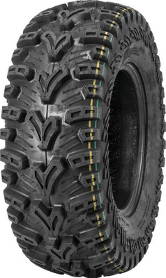 A high-resolution studio product photograph of a QuadBoss QBT448 Utility ATV/UTV tire in size 25x8-12, set against a clean white background. Displayed at a front-three-quarter angle, the heavy-duty front utility ATV/UTV tire features an aggressive multi-surface tread pattern with deep lug spacing for mud dispersion and extended shoulder lugs for enhanced sidewall protection and cornering bite. Constructed with a 6-ply rated carcass, the durable black rubber casing displays crisp embossed sidewall text including "QUADBOSS", "QBT448", and "25x8-12".