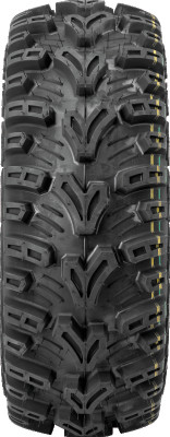 A high-resolution studio product photograph of a QuadBoss QBT448 Utility ATV/UTV tire in size 25x8-12, set against a clean white background. Displayed at a front-three-quarter angle, the heavy-duty front utility ATV/UTV tire features an aggressive multi-surface tread pattern with deep lug spacing for mud dispersion and extended shoulder lugs for enhanced sidewall protection and cornering bite. Constructed with a 6-ply rated carcass, the durable black rubber casing displays crisp embossed sidewall text including "QUADBOSS", "QBT448", and "25x8-12".