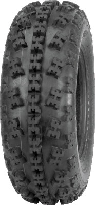 A high-resolution studio product photograph of a QuadBoss QBT738 Series ATV tire in size 22x7-10, set against a clean white background. Displayed at a front-three-quarter angle, the narrow front sport ATV tire features a directional knobby tread pattern with closely spaced center tread blocks for precise steering response and integrated shoulder lugs for cornering control. Constructed with a 4-ply rated carcass, the durable black rubber casing displays crisp embossed sidewall text including "QUADBOSS", "QBT738", and "22x7-10".