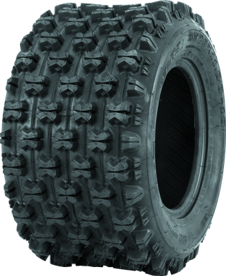 A high-resolution studio product photograph of a QuadBoss QBT739 Series ATV tire in size 20x11-10, set against a clean white background. Displayed at a front-three-quarter angle, the wide rear sport ATV tire features a low-profile design with an aggressive knobby tread pattern, spaced center blocks for optimal traction, and durable shoulder lugs. Constructed with a 4-ply rated carcass, the black rubber tire displays crisp embossed sidewall text including "QUADBOSS", "QBT739", and "20x11-10".