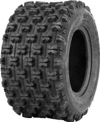 A high-resolution studio product photograph of a QuadBoss QBT739 Series ATV tire in size 20x11-10, set against a clean white background. Displayed at a front-three-quarter angle, the wide rear sport ATV tire features a low-profile design with an aggressive knobby tread pattern, spaced center blocks for optimal traction, and durable shoulder lugs. Constructed with a 4-ply rated carcass, the black rubber tire displays crisp embossed sidewall text including "QUADBOSS", "QBT739", and "20x11-10".