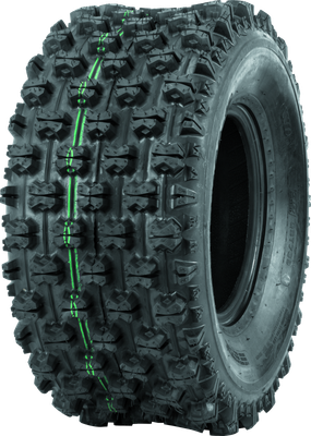 A high-resolution studio product photograph of a QuadBoss QBT739 Series ATV tire in size 22x11-10, set against a clean white background. Displayed at a front-three-quarter angle, the wide rear sport/utility off-road tire features a knobby, non-directional tread design with spaced center blocks and reinforced shoulder lugs built for traction on hard-pack and loose terrain. Constructed with a 4-ply rated casing, the durable black rubber tire displays crisp embossed sidewall text including "QUADBOSS", "QBT739", and "22x11-10".